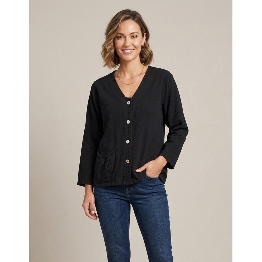 Cottonseed Wear Womens Large Black 100%‎ Cotton Gauze V-Neck Button Down Top